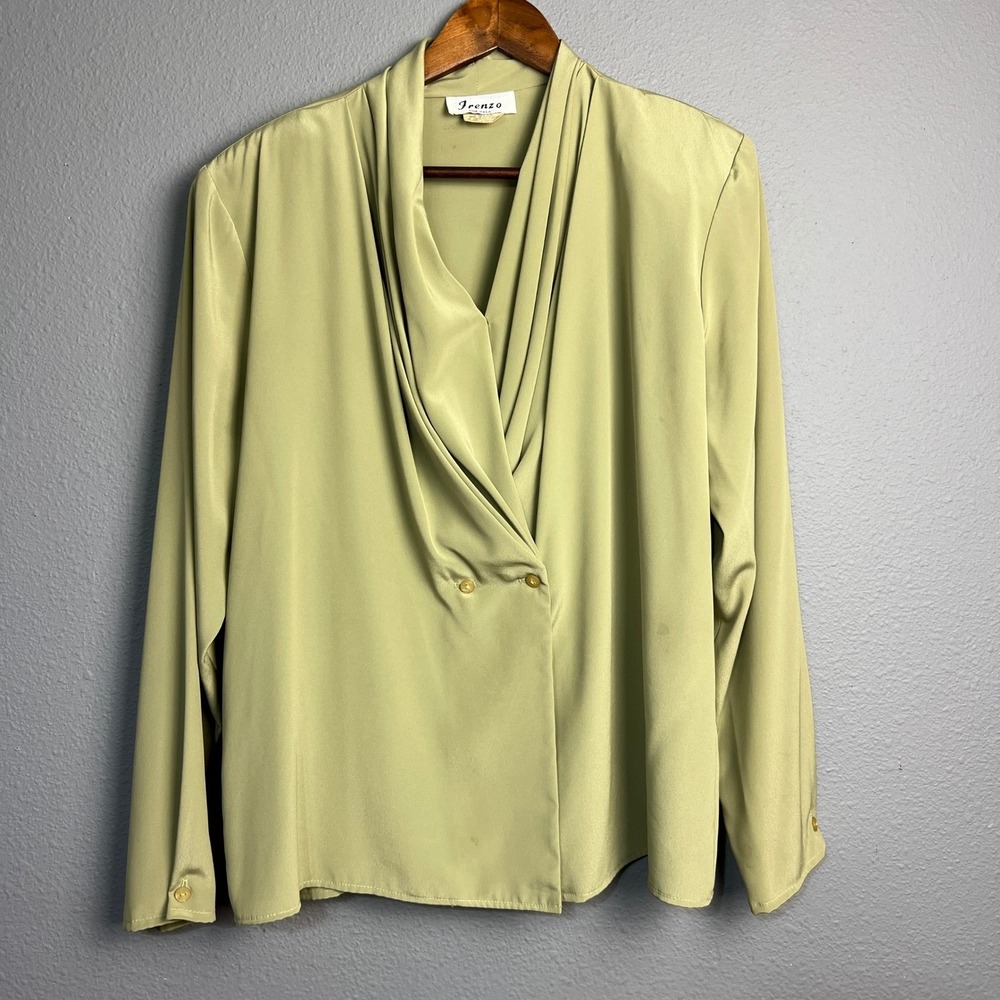 Vtg Frenzo Womens Large Green Blouse Long Sleeve Draped Neck Made in USA Church